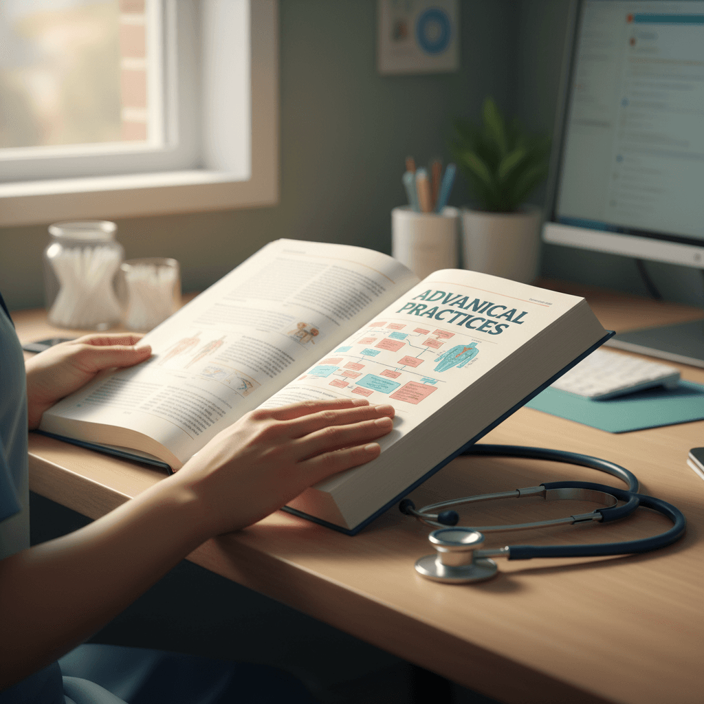 Nurse practitioner reviewing clinical textbook
