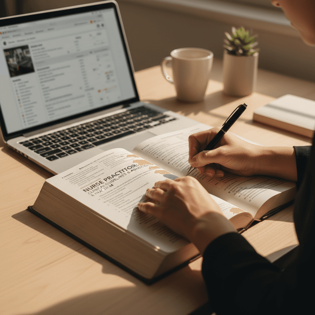 Nurse Practitioner studying NP textbooks with laptop