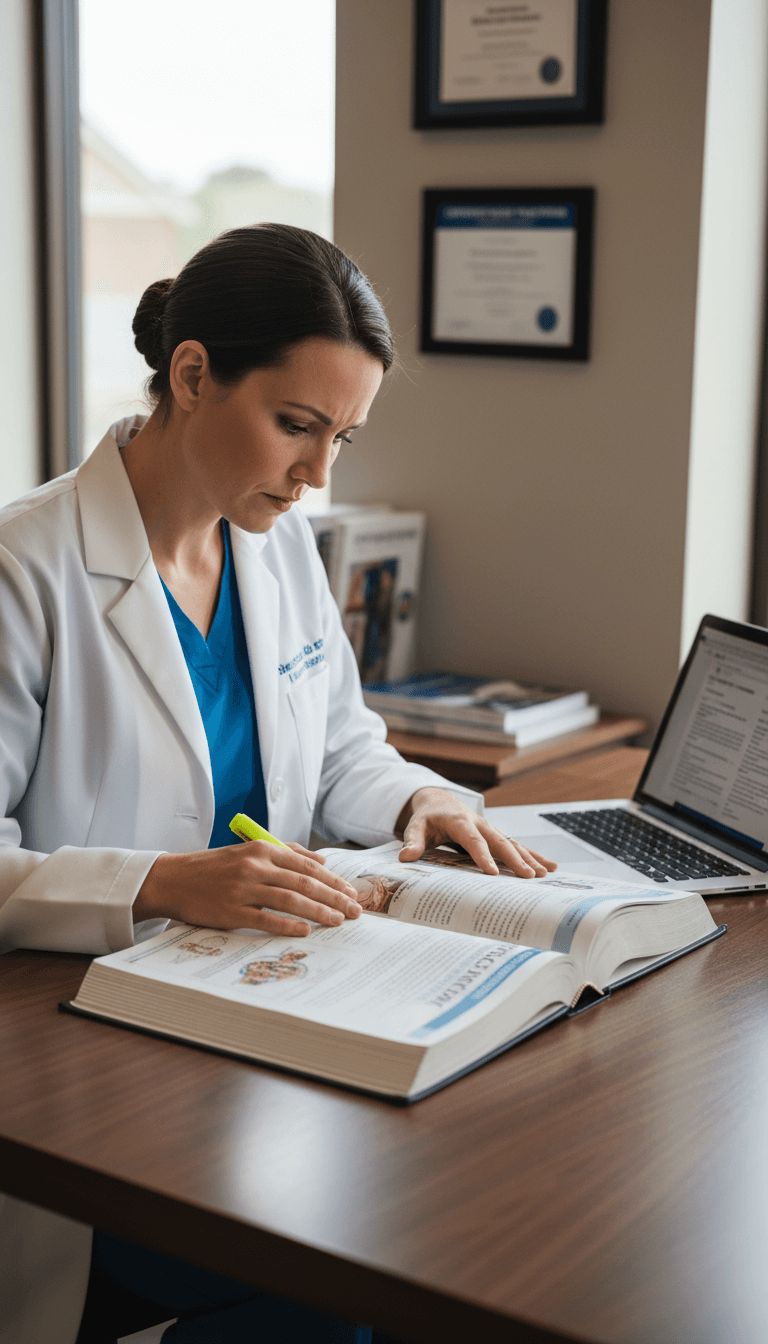 Nurse practitioner studying with NP certification textbook at desk