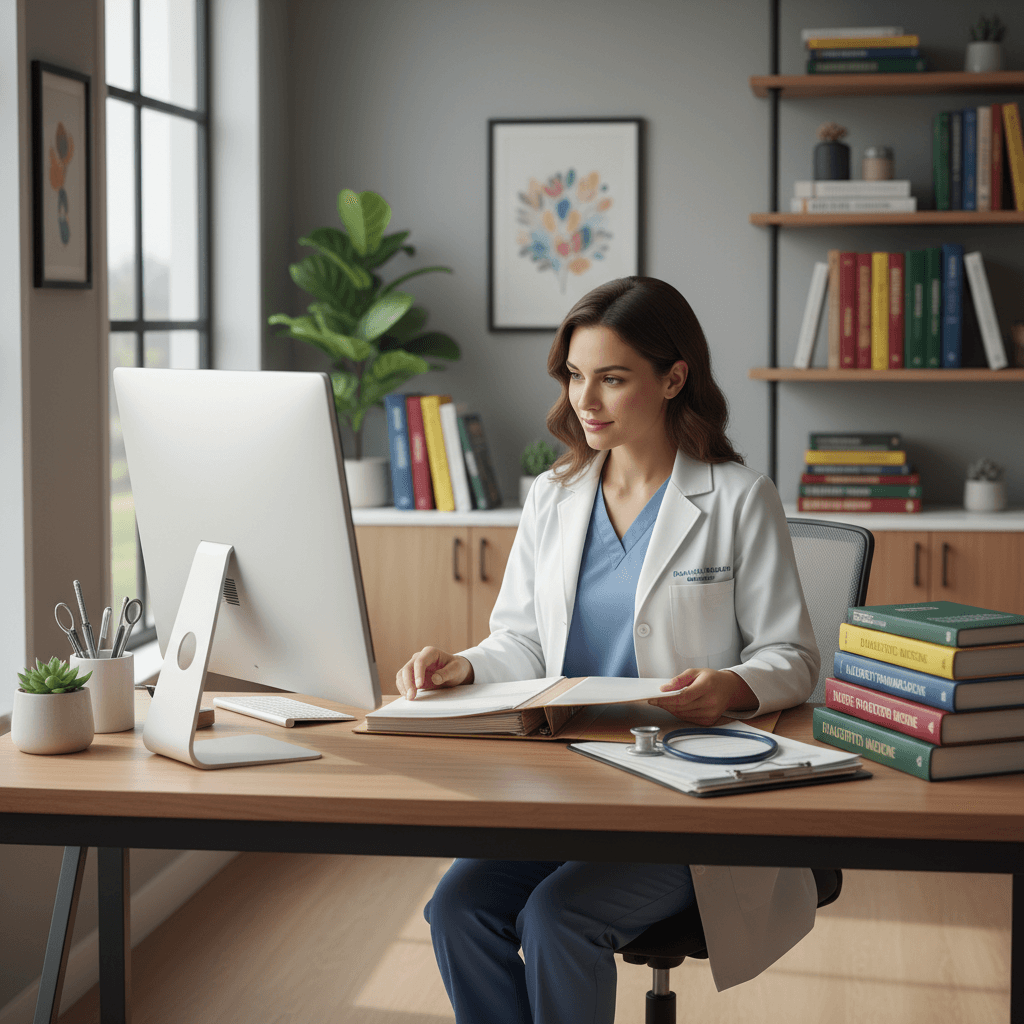 Family Nurse Practitioner reviewing clinical materials