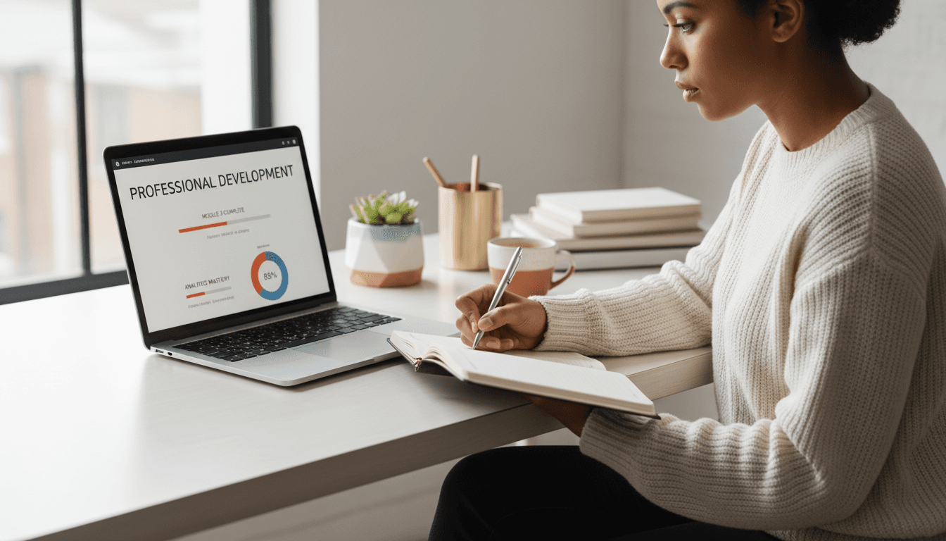 Healthcare professional studying with LMS 4000 on laptop