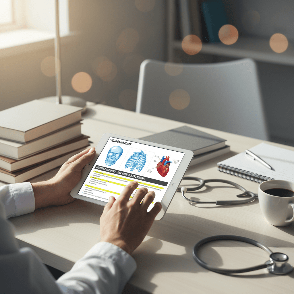 Healthcare student studying with tablet and clinical materials at modern desk with natural lighting
